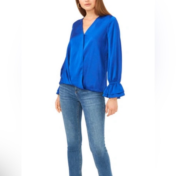 VINCE CAMUTO WRAP FRONT BLOUSE DOUBLE CUFF WOMENS LONG SLEEVE BLUE COLOR SIZE M - Picture 2 of 13